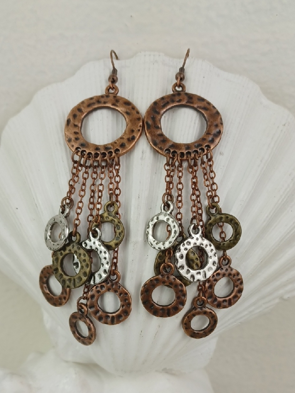 Hammered Copper Silver & Bronze Dangle Chain Rings Fringe Edgy Boho Earrings